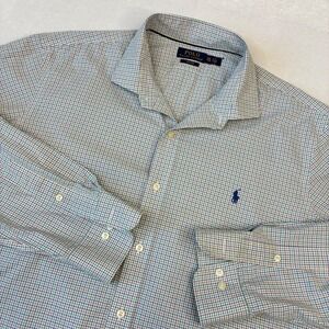 Polo Ralph Lauren Mens XXL Non-Iron Button Down Shirt Blue Green Plaid Cotton